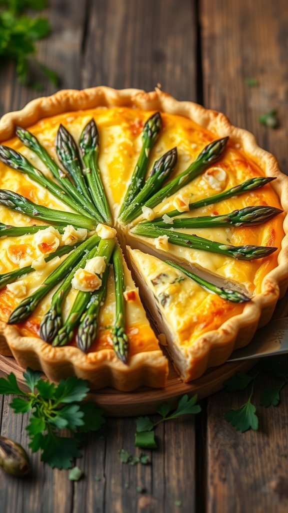 A savory asparagus quiche with a golden crust, topped with green asparagus and cheese, with a slice taken out on a rustic table.